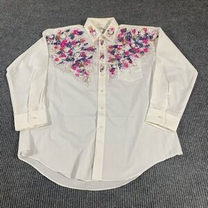 VTG Viva Collection Top Womens Large White Button Up Abstract Paint Art Splatter